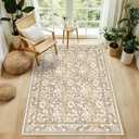 Floral Entryway Rug 3x5 Machine Washable Small Boho Area Rug Non Slip Vintage Low Pile for Living Room Bedroom, Kids Playroom, Beige/Multi