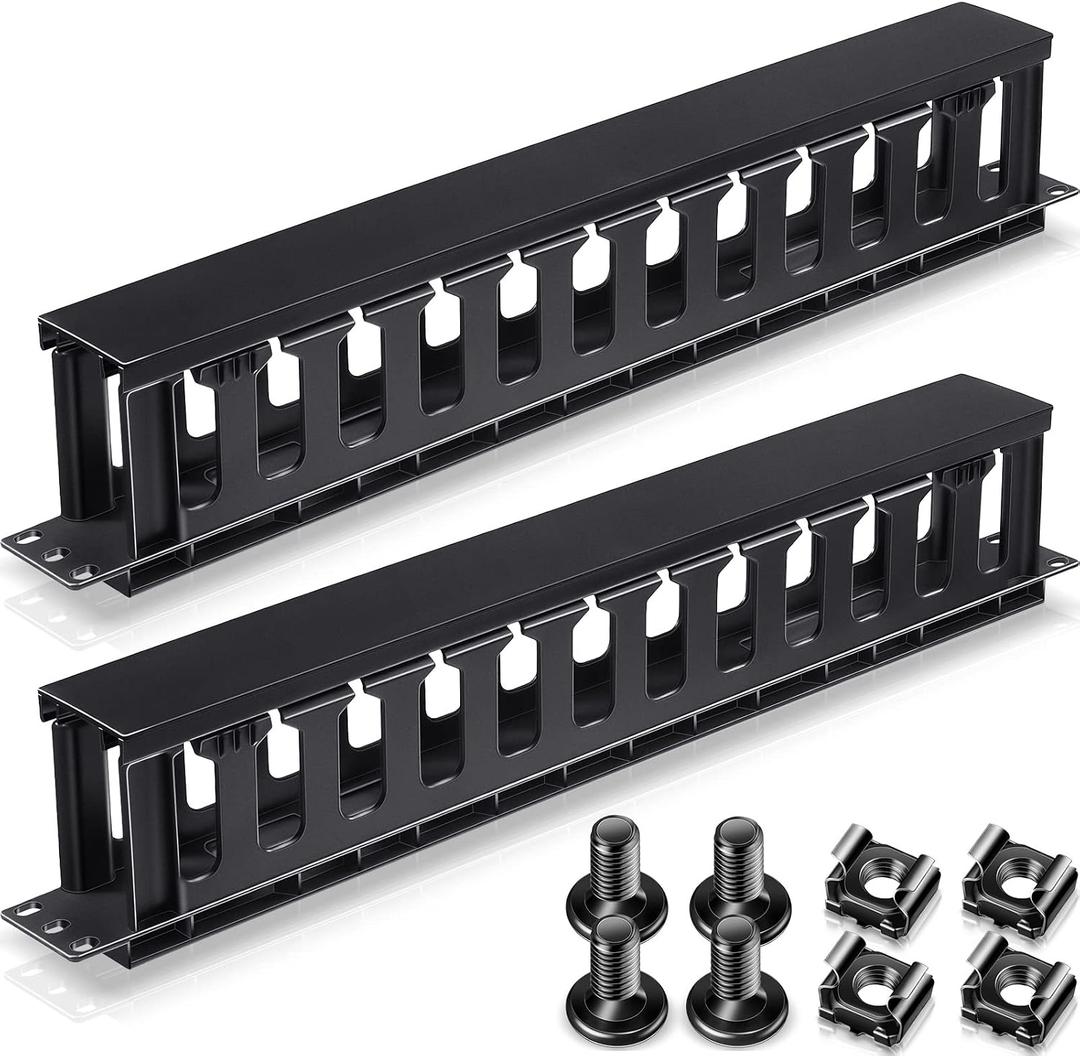 Leinuosen 4 Pcs 1U Horizontal Cable Management Rack Mount Sleeve12 Slot Organizer with Panel Cover, 19 Inch Server Rack, Wall Shelf Mount, Includes Screws Cage Nuts for Setup