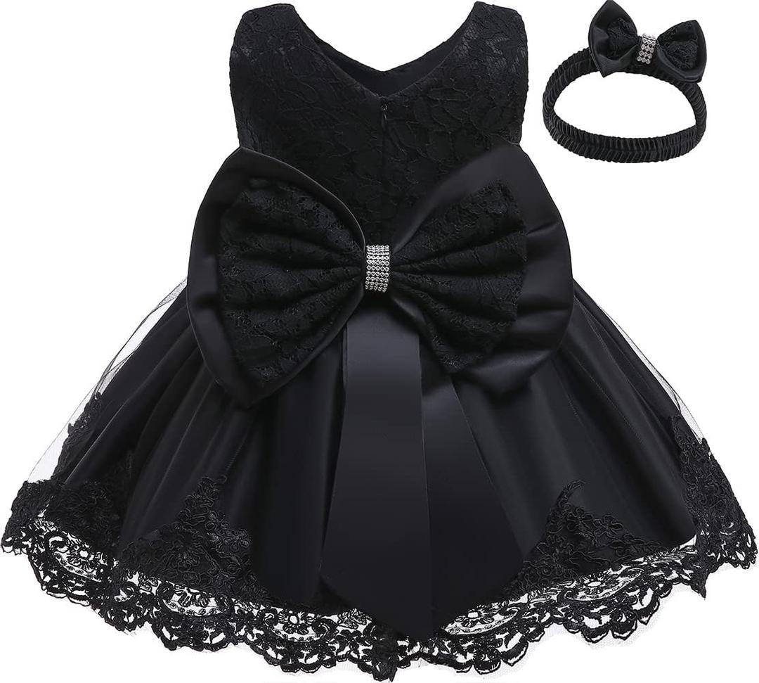 Jup'Elle Flower Girl Dresses for Wedding Embroidery Formal Dress Baby Girls Princess Pageant Party Dress with Headwear (12 Months, Gracey Black)