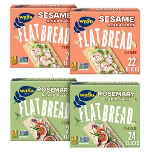 Wasa Flatbread Thins Variety Pack (Pack of 4), Rosemary & Sea Salt and Sesame & Sea Salt, Crackers, Non-GMO Ingredients (EXP 11/30/26)
