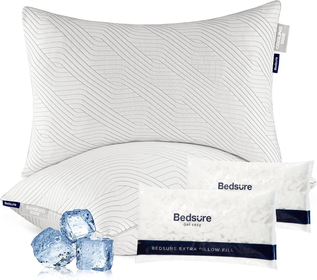 Bedsure Memory Foam Pillows Queen Size, Set of 2, Adjustable Firm Bed Pillows for Sleeping, Cooling Dual-Sided Design, Rayon Derived from Bamboo Pillowcases for Side, Back, Stomach Hot Sleepers (Grey)