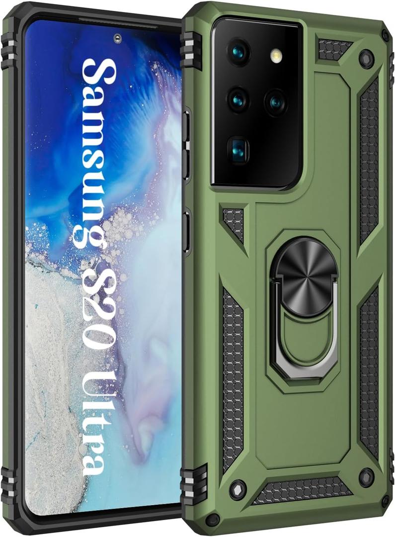 Korecase S20 Ultra 5G Case,Heavy Duty Rugged Dual Layers Shell Full Body Military Grade Shockproof with Finger Ring Metal Kickstand for Samsung Galaxy S20 Ultra 5G 6.9" Olive Green