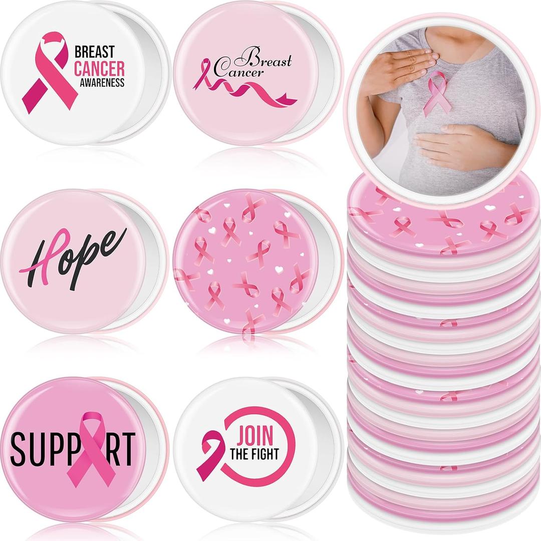Vicenpal 48 Pcs Breast Cancer Awareness Gifts Bulk Mini Pocket Mirrors for Women Pink Ribbon Portable Round Makeup Mirror for Breast Cancer Charity, Office, Fundraiser Events