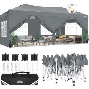 COBIZI Canopy 10x20 Pop Up Canopy Tent with 6 Sidewalls, One Push Party Tents for Parties Outdoor Wedding Waterproof Gazebo Commercial Event Tent with Sandbags, Grey