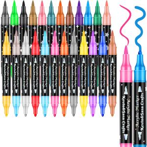 24 Colors Dual Tip Acrylic Paint Marker Pens Set, Multifunctional Acrylic Tips with Laser Pen Body, Professional Acrylic Paint Pens for Wood, Canvas, Rock Painting, Glass, DIY Crafts Art Supplies