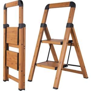 Step Ladder 2-Step Woodgrain Finish Aluminum Folding Step Ladders,Anti-Slip Max 330 lbs
