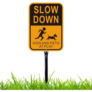 Felexdo Large Slow Down Sign with Stake, 14”x10”Kids and Pets at Play Yard Metal Sign with 36”Strong Steel Stake Easy Installation for Street or Roa