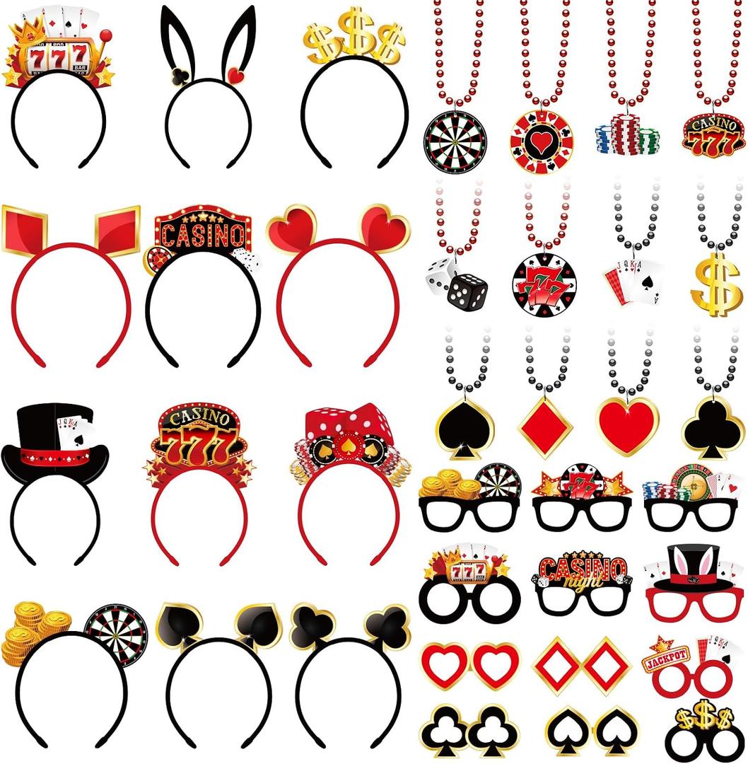 36 Pcs Casino Night Party Favors Casino Theme Felt Headband Eyeglasses Beaded Necklaces Dice Dollar Sign Poker Party Decorations Accessories for Las Vegas Game Night Decor Photo Prop Supplies