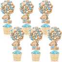 6 Set Blue Baby Shower Table Centerpieces Decortion Hot Air Balloon Cute Babys Bear with Bamboo Basket Lafite Garss Welcome Oh Baby We Can Bearly Wait Boy Or Girl Gender Reveal Party Favor