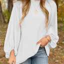 SHEWIN Womens Blouses Dressy Casual Smocked Tops Crew Neck Chiffon Long Sleeve Shirts Spring Outfits 2025 (L)
