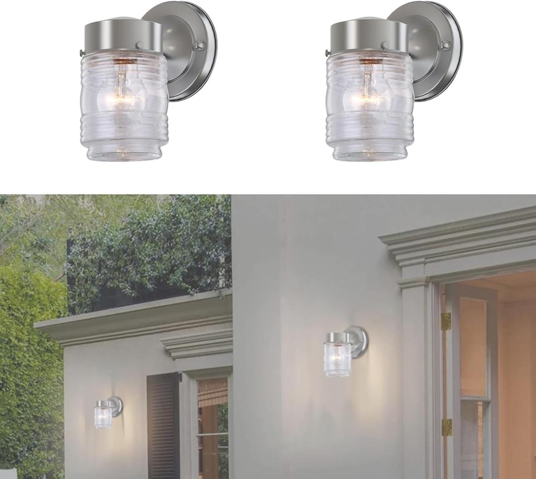 WISBEAM Brushed Nickel Outdoor Wall Lights for House, Jelly Jar Outside Light Fixture for Porch Patio Entryway, Anti-Rust Waterproof Wall Mount Exterior Sconce, E26 Base Bulb Not Included, 2 Pack