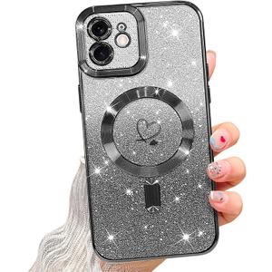 NITITOP Compatible with iPhone 12 Case Cute Clear Glitter [Compatible for MagSafe] Plating Heart Sparkle Bling Magnetic Girl Women Electroplated Frame Camera Protection Back Cover - Black