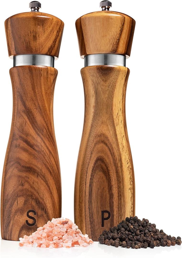 Gennua Kitchen Wooden Salt and Pepper Grinder Set: Refillable Salt & Pepper Mills Adjust for Customized Coarseness, Crafted of Solid Acacia Wood with Ceramic/Stainless Steel Core, 8 Inches Each