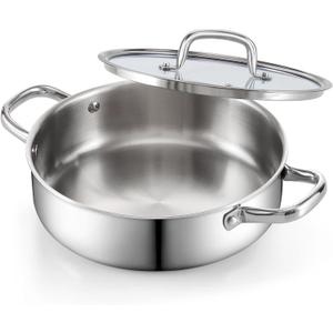 Cook N Home 4 Quart Stainless Steel Saute Pan, 3 Ply Clad Stainless Deep Frying Pan with Lid, 10.5 Inch Induction Skillet Pan, Dishwasher and Oven-Safe, Silve