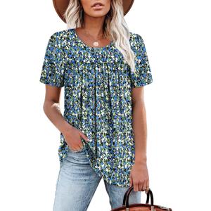 WIHOLL Womens Tops Short Sleeve T Shirts Pleated Dressy Casual Round Neck Summer Clothes Outfits Blouses Loose Fit (Large)
