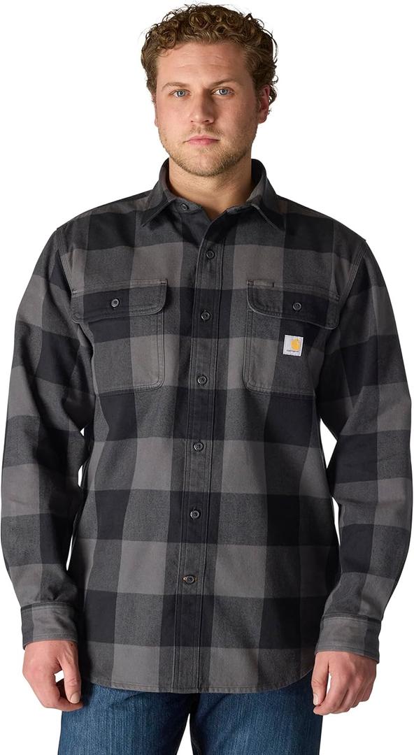 Carhartt Men's Loose Fit Heavyweight Flannel Long-Sleeve Plaid Shirt (Small, Gravel)