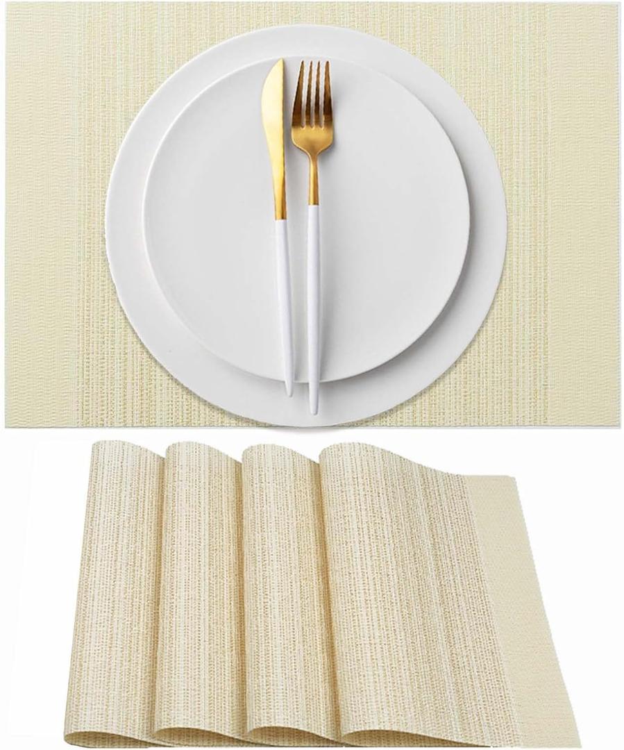 AHHFSMEI Placemats Set of 4 Woven Vinyl Plastic 18.1x13 inches Place Mats Non-Slip Heat Resistant Washable Easy Clean Table Mats(Beige 4)
