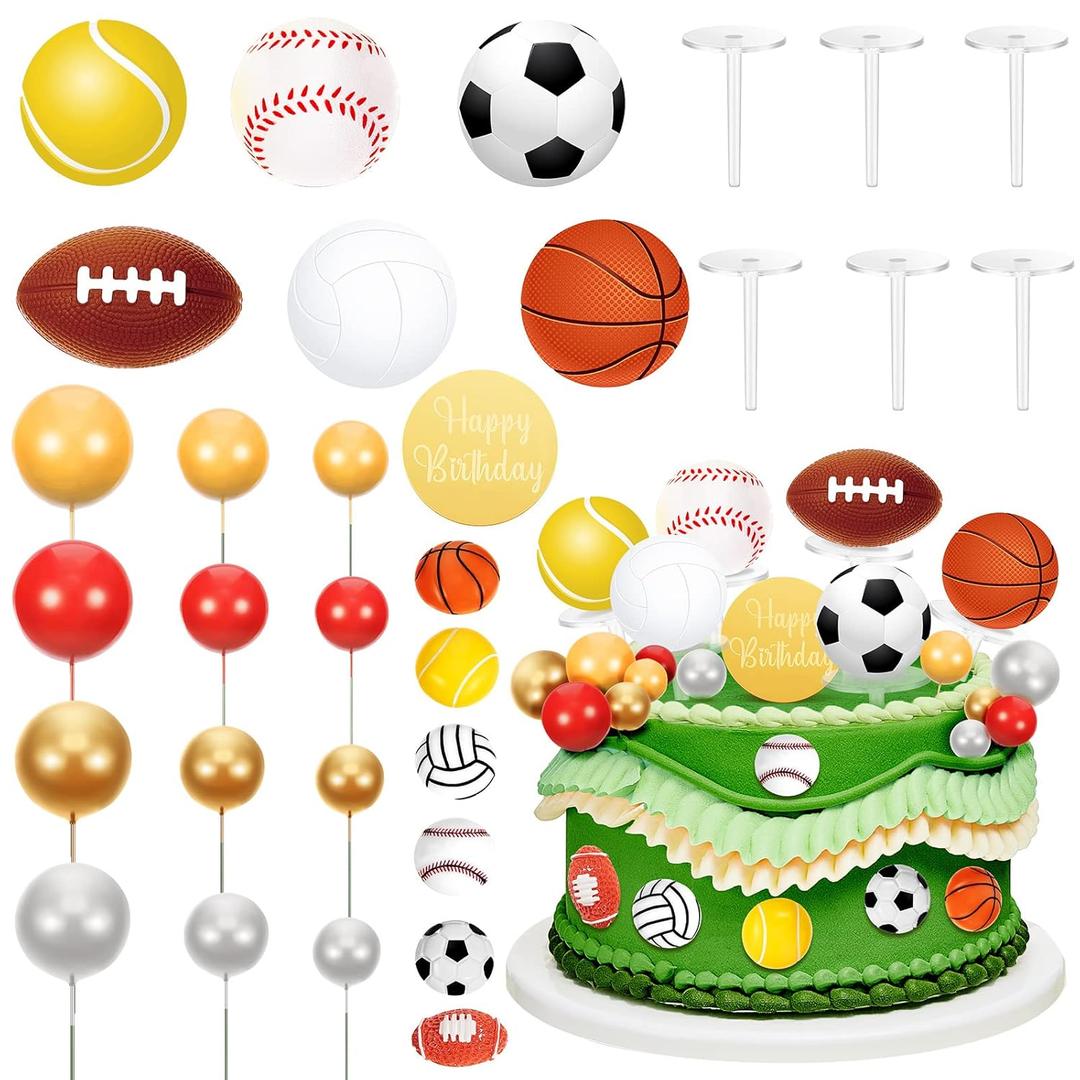 Taiyin 31 Pcs Sports Cake Toppers Sports Cake Decorations Football Basketball Soccer Ball Tennis Volleyball Baseball Cupcake Toppers for Men Themed Birthday Party Supplies Decor
