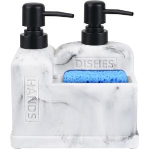 Kitchen Hand Soap and Dish Soap Dispenser Set,Dual Soap Dispenser with Sponge Holder 3-in-1 Organizer for Kitchen Sink,Bathroom,Useful Kitchen Gadgets - White Marble Look