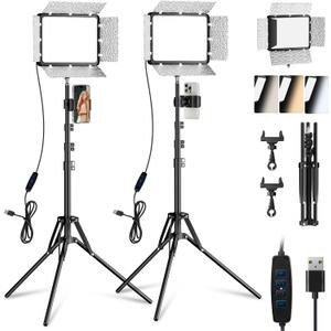 EMART LED Video Light Kit with Phone Holder & Barndoor, 2800-7000K Dimmable Studio Lights for Video Recording, 73'' Height for Live Streaming, YouTube, Vlog, Photography, Content, Podcast, 2-Pack (15W)