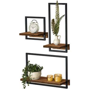 Metal Frame Rustic Wooden Floating Hanging Shelves, Home Decor Wall Mounted Display Organizing Shelf for Living Room, Bedroom, Office Bathroom. Set of 3