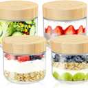 DRKIO 10 Oz Overnight Oats Containers with Bamboo Lids - 4 Pack Glass Storage Jars with Airtight Lids Wide Mouth Mason Food Jars Great for Meal Prep Salad Chia Pudding Snacks Yogurt Sugar Spice
