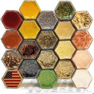 20 Set Magnetic Spice Jars for Refrigerator, Hexagon Glass Magnetic Spice Jars with Shaker Lids Label for Kitchen RV Travel Trailer Boat, Magnet Seasoning Containers for Fridge Cabinet Wall mount Rack