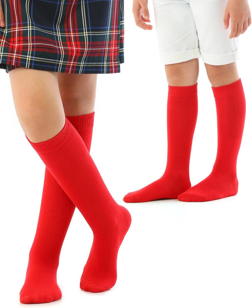 Girls, Boys, Kids, Knee High Long School Uniform Dress Socks, Premium Cotton, Soft, Toddler, 3-14 Years Old (Red)
