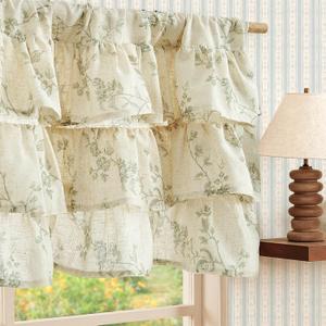 jinchan Ruffled Floral Valance Curtain Shabbychic Linen Window Valance 18 Inch Farmhouse Rustic Window Treatment for Kitchen Bedroom Living Room Rod Pocket 1 Panel Green on Linen