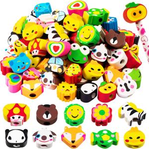Pencil Top Erasers for Kids - 50 Pack Assorted Cute Fruit Animal Cap Erasers Bulk, Latex Free Pencil Eraser Tops for Party Favors, Kids Back to School Supplies, Classroom Rewards