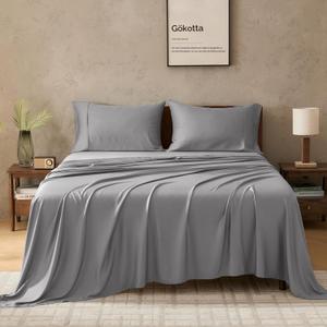 GOKOTTA Full Size Bed Sheets 4 Piece Set, 100% Rayon Derived from Bamboo, Cooling for Hot Sleepers-Luxury Breathable Soft Sheets, Deep Pocket 15" Fitted Sheet with Elastic Corner Straps, Grey