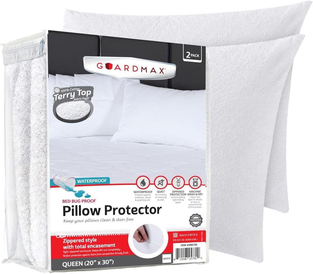 Guardmax Terry Cotton Pillow Protector with Zipper Queen Size - 2 Pack -100% Waterproof, Bed Bug Proof, Dust Mite Proof, & Hypoallergenic Pillow Covers - Premium Zippered Pillow Cases. (20 X 26)