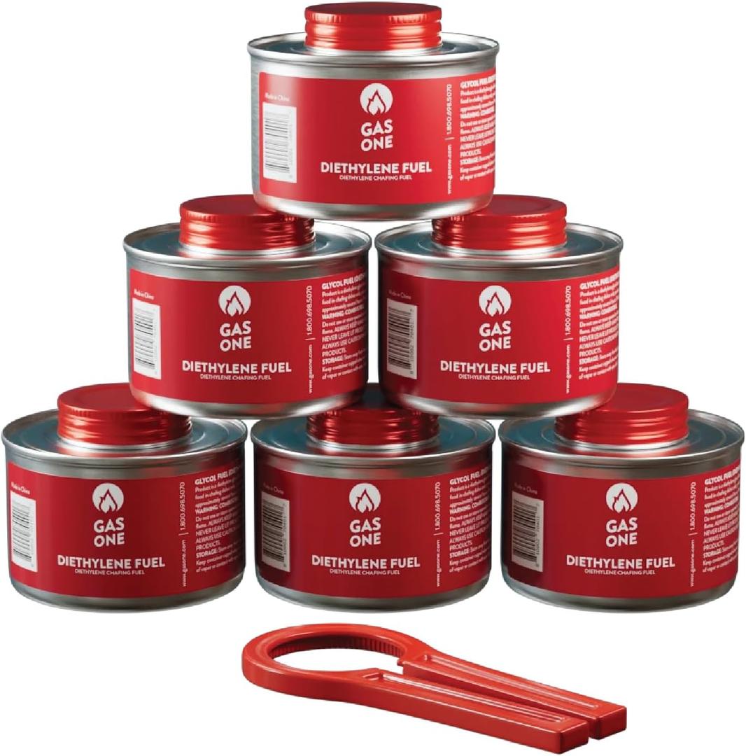 GasOne 2+ Hour Chafing Fuel - Food Warmer for Chafing Dish Buffet Set - Liquid Safe Fuel with Wick & Lid Opener for Chafing Dish (Pack of 6)