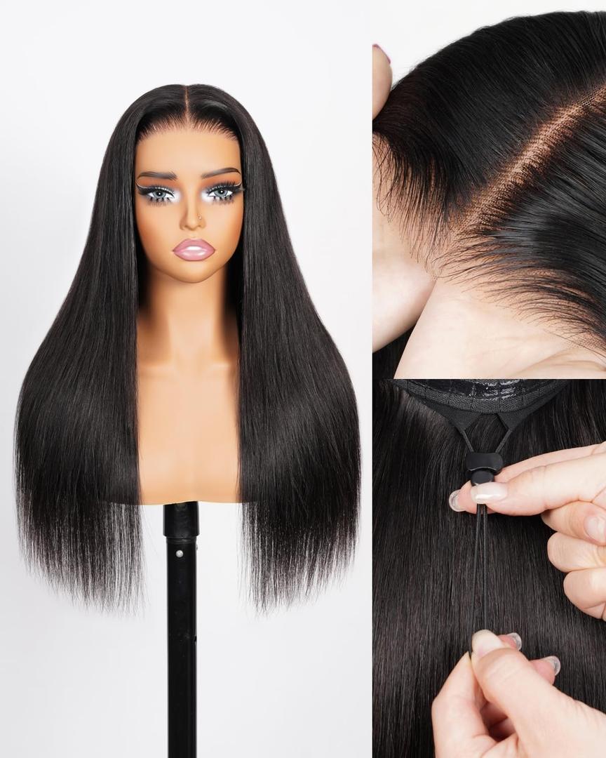 20Inch 6x5 Glueless Wigs Human Hair Pre Plucked Pre Cut 230% Density Drawstring Straight Wig for Women HD Transparent Lace Frontal Human Hair Wigs