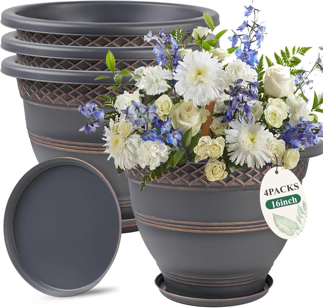 Usocik 4 Pack 16 Inch Large Plant Pots, Plastic Flower Pot for Indoor & Outdoor with Drainage Holes & Saucer, Plaid Pattern Planters Garden Pots for Herbs (Copper)