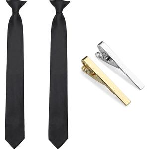 Clip on Ties for Men, 2 Pcs Black Tie & Clips Set, 20 Inches Premium Solid Color Ties