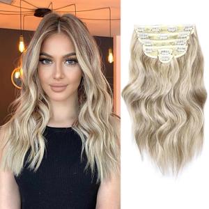NAYOO Clip in Hair Extensions for Women 14 Inch Short Wavy Curly Ash Brown Mix Platinum Blonde Hair Extension 6PCS Synthetic Hair Extension Hairpieces (Ash Brown Mix Platinum Blonde)