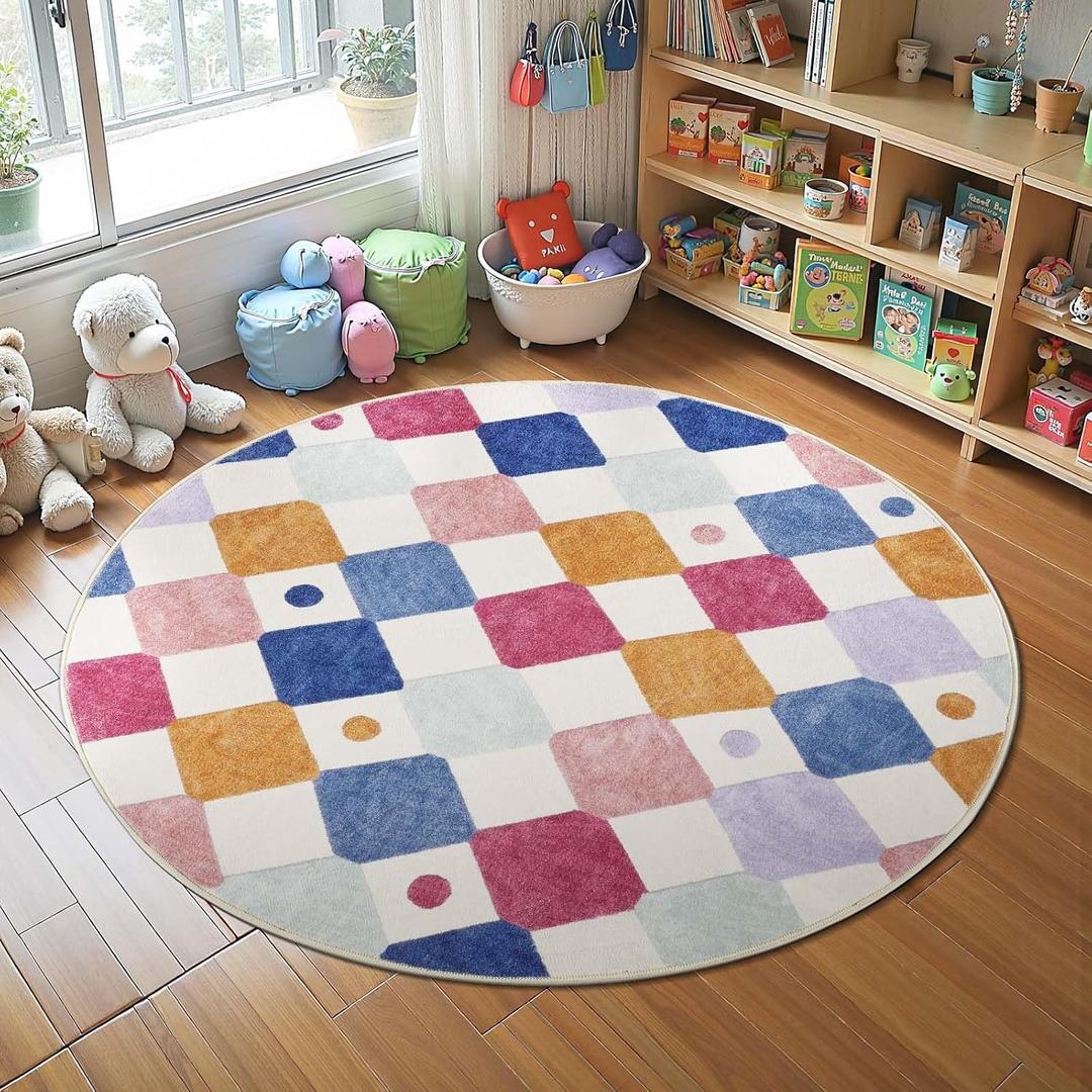 jinchan Round Rug 4ft Kids Washable Rug Indoor Floor Cover Non-Slip Soft Modern Elementary School Classroom Colorful Diamond Carpet for Nursery Daycare Bedroom Playroom Living Room Berries on Cream