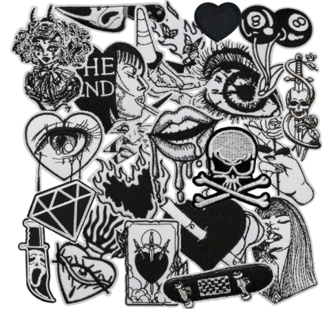 Nicime 25pcs Black White Iron/Sew on Patches, Punk Horror Skull Embroidered Applique, Fashion Decoration for Clothes, Hat, Bag, Dress, Shirt, Jeans