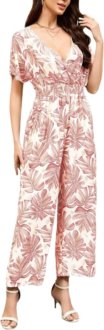 Women's Floral Jumpsuit Boho Jumpsuit Floating Short Sleeve V-Neck Elasticized Drawstring Jumpsuit with Pockets Small