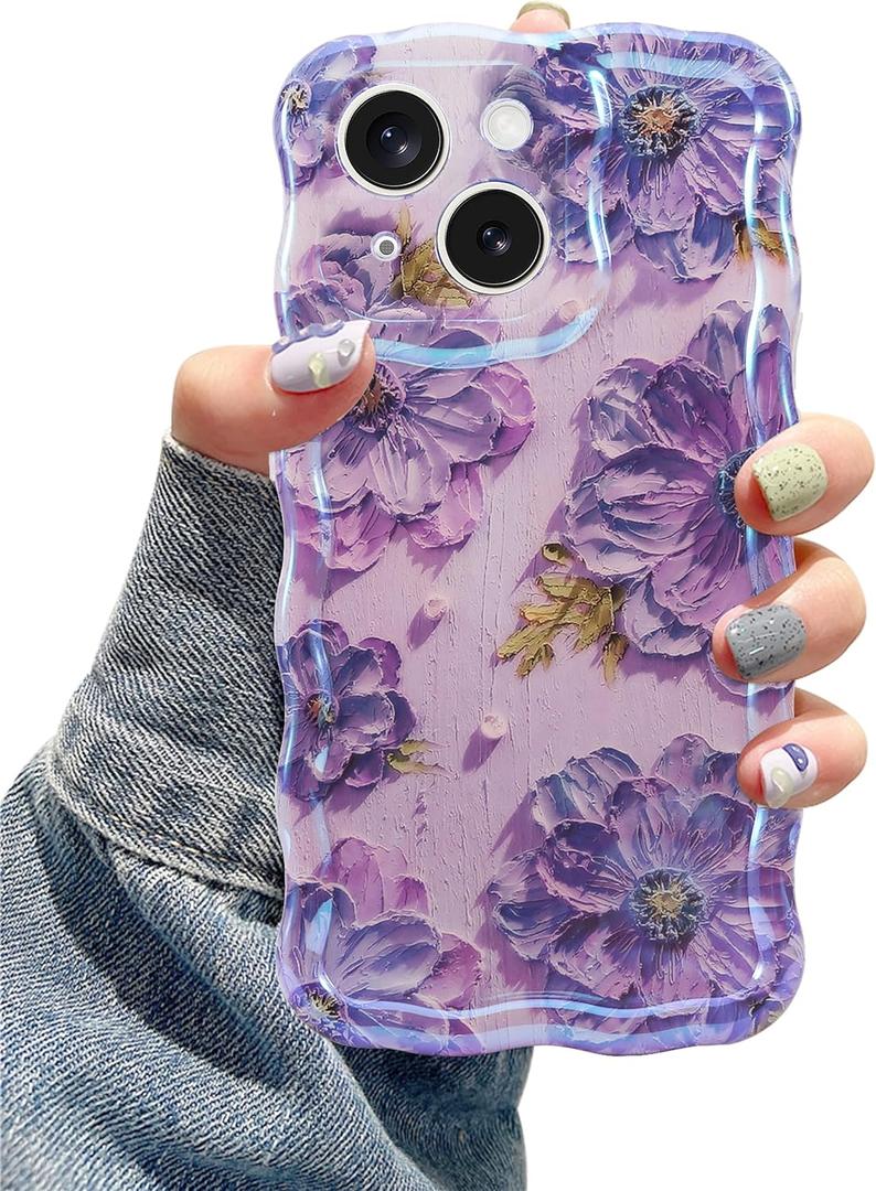 Jusy Compatible with iPhone 15, Colorful Retro Oil Painting Printed Flower Laser Glossy Pattern Cute Curly Wave Phone Case Soft TPU Cover for Girly Women - Purple
