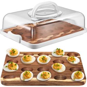 Baderke Easter Acacia Wood Deviled Egg Platter with Lid Base 20 Holes 12 x 8.5 Inch Round Deviled Egg Tray Reversible Charcuterie Board Wooden Egg Holder Serving Egg Container for Countertop(White)
