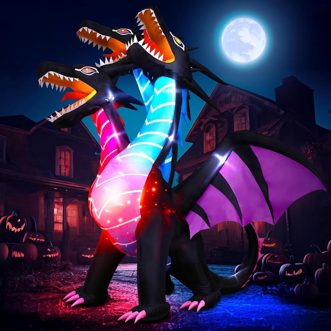 8 FT Tall Halloween Inflatables Dragon Outdoor Decorations Blow Up Yard Three-Headed Dragon with Built-in LEDs for Lawn Garden Holiday Indoor Party Decor
