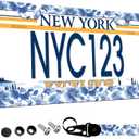 1-Pack Blue White Porcelain Floral License Plate Frames for Women Man, 2 Holes Blue Flowers Aluminum License Plate Holder,Vintage Floral License Plate Cover with Keychain Wrist Lanyard