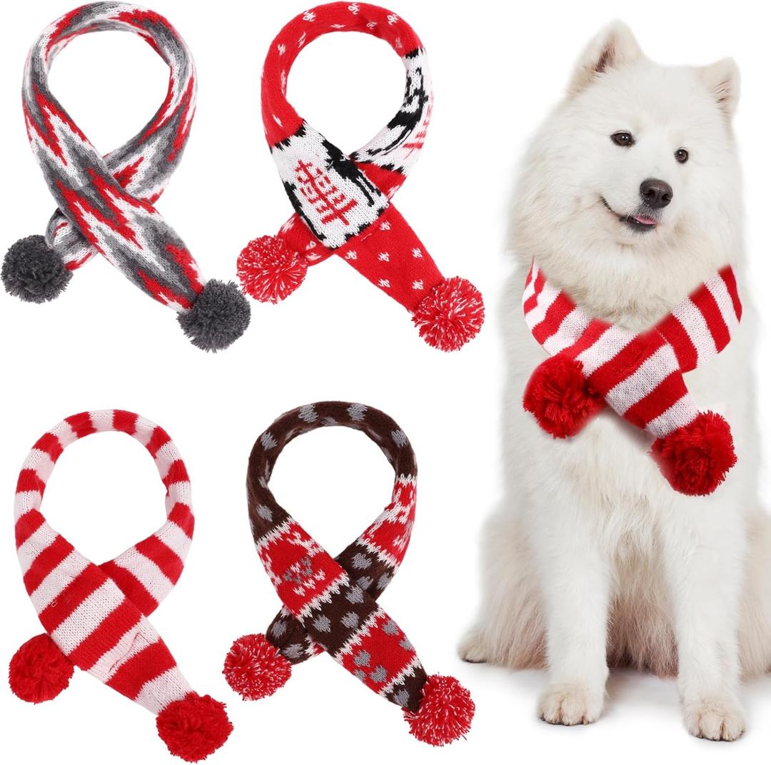 Sanwuta 4 Pcs Christmas Dog Knitted Scarves with Poms Winter Pet Neck Warmer Bandanas for Pets Holiday Festive Pet Scarf Accessories for Xmas Costume and Gift(M)
