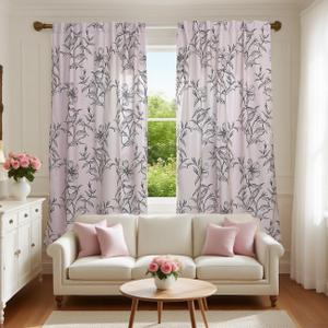 Semi Sheer Curtains 63 Inches Long 2 Panels - Back Tab & Rod Pocket Floral Botanical Line Art Curtain Drapes, Light Filtering Privacy Window Treatments for Modern Farmhouse Homes, 52Wx63L