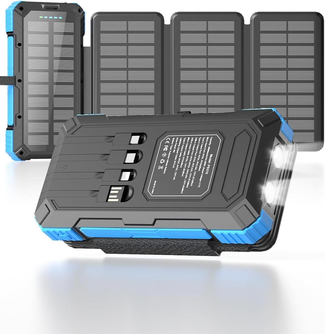Solar Charger Power Bank 49800mAh with 4 Built-in Cables & 3 Foldable Panels, PD22.5W Fast Portable Phone Charger, External Battery Pack with USB-C in/Output & Flashlight for Outdoor Camping