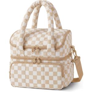 BAGSMART Lunch Bag Women, Double Deck Insulated Lunch Box, Quilted Puffer Lunch Tote, Leakproof, Durable & Reusable Large Lunch Cooler For Work Picnic Travel Meal Prep, Brown Checkerboard