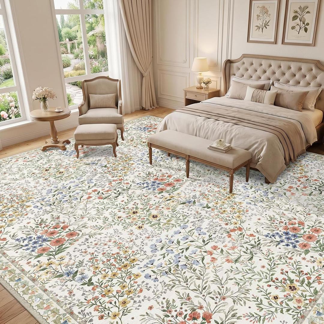 12x12 Square Area Rug Living Room: Boho Floral Washable Mat for Dining Room Bedroom Office High Traffic Area Soft Non Slip Low Pile Indoor Carpet for Vintage Farmhouse Home Decor (12ft Square, Beige)