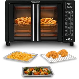 Gourmia French Door Air Fryer  25 Qt Large Capacity Convection Oven, Fryforce 360, Digital Display with 17 Cooking Presets, Bake, Toast, Roast, Dehydrate, Fits 12 Pizza (Black)